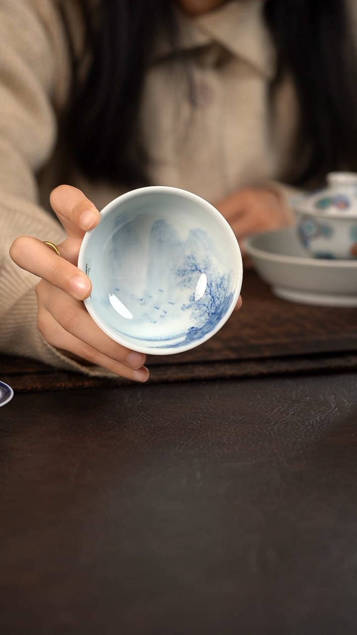 【闪购商品】杯889号HLX陶瓷山水高脚茶碗杯