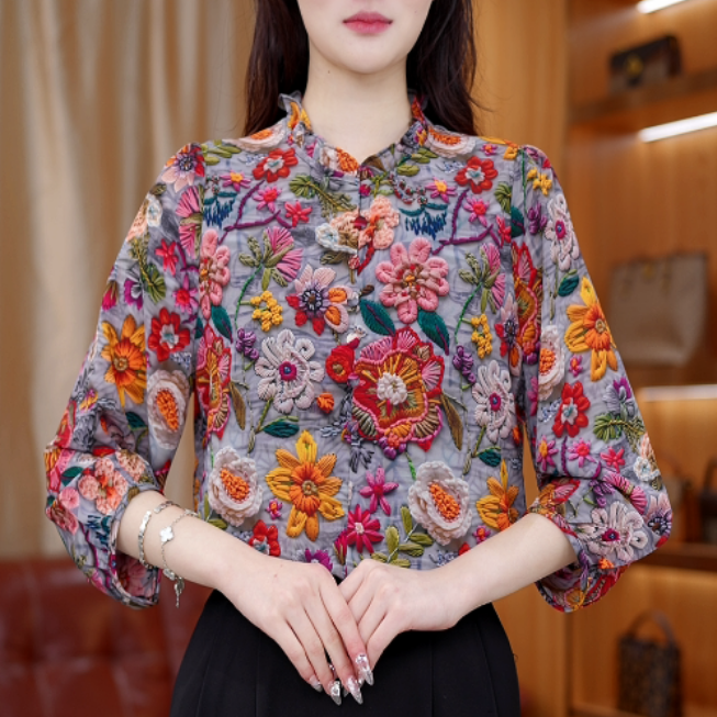 XX-（5D印花）25款休闲薄款百搭新中式上衣花团锦簇衫衬F51F32647
