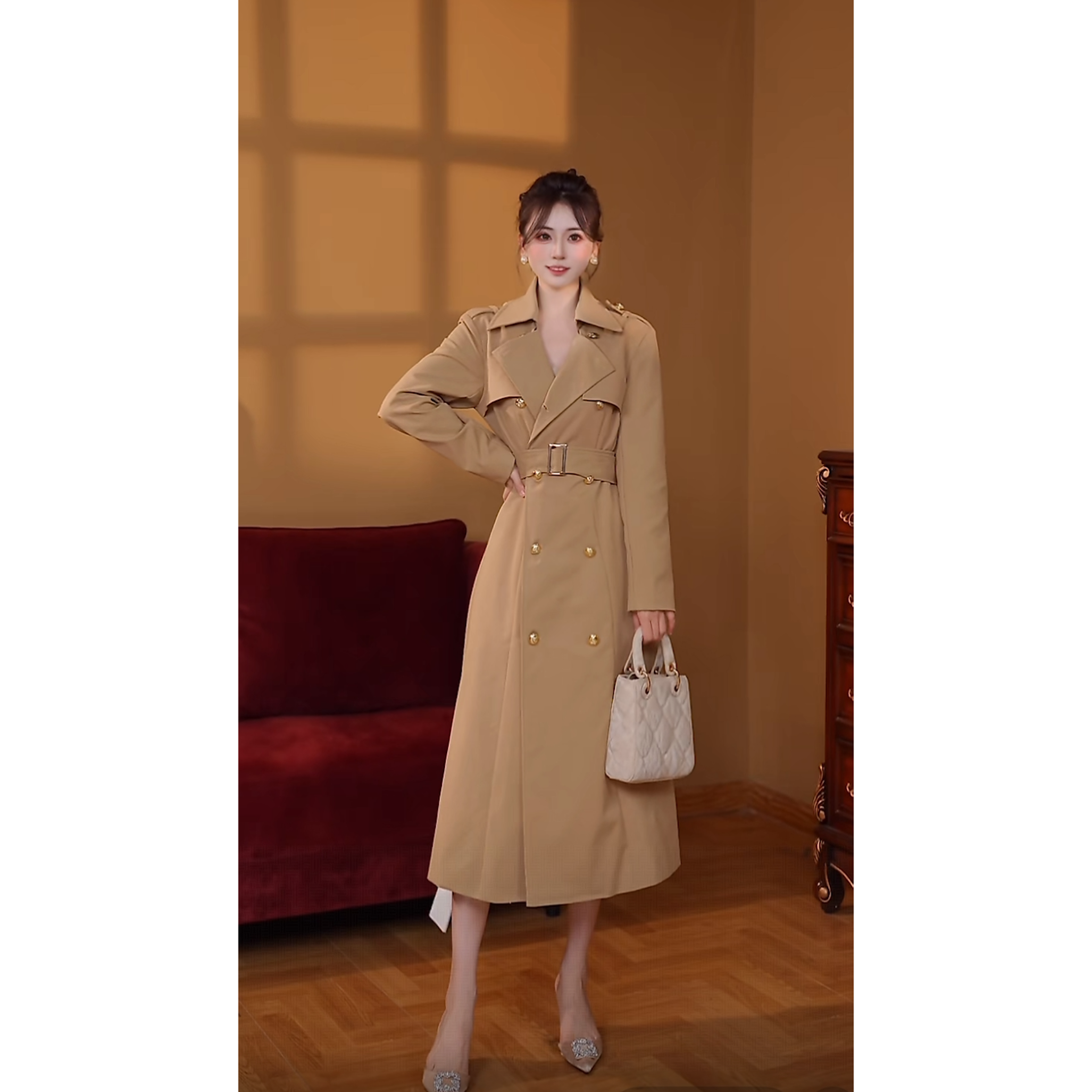 【瑞瑞定制】【无拉链】【有里布送腰带】V领春秋风衣款连衣裙女TX0182