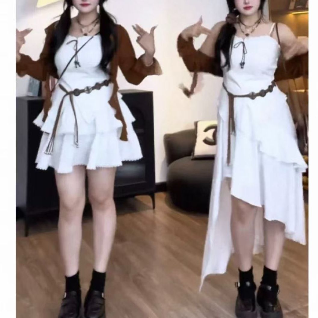 婷婷家韩系度假风时尚套装女秋季高级感吊带+不规则蛋糕裙套装