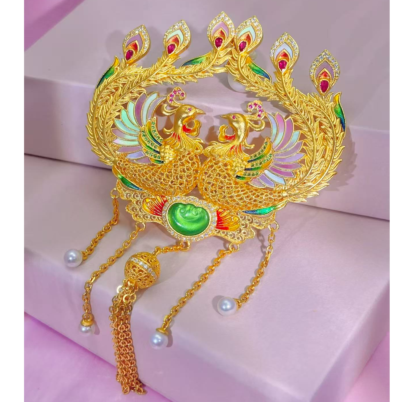 爱恋珠宝足金镶嵌翩若惊鸿双凤舞韵吊坠复古时尚国潮~~