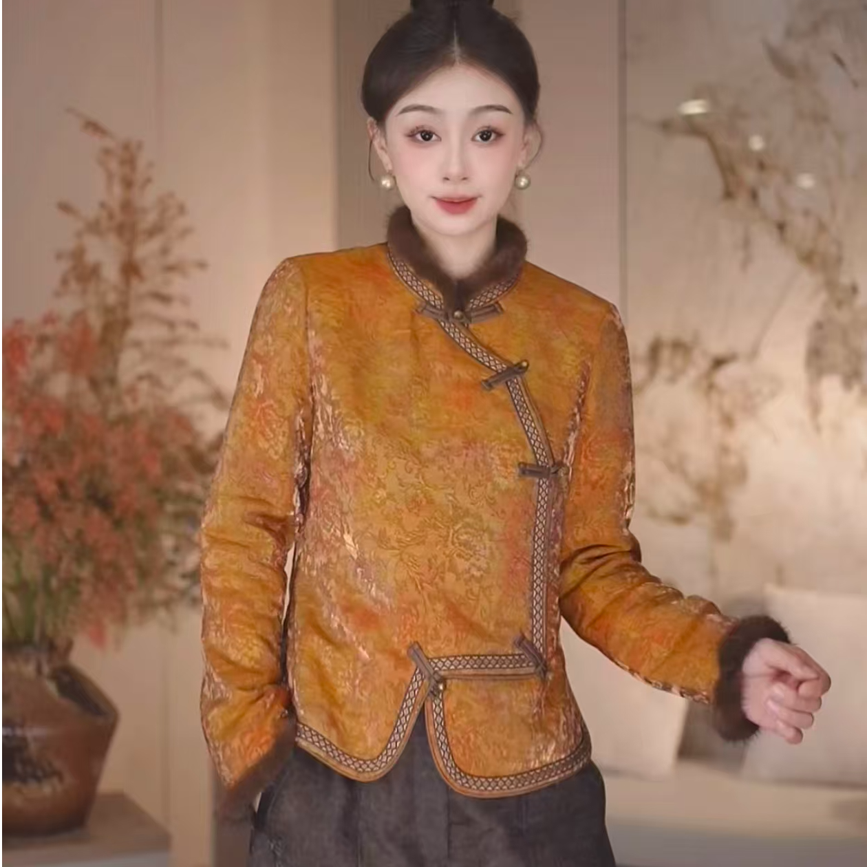 新中式国风复古提花水貂打底棉衣279