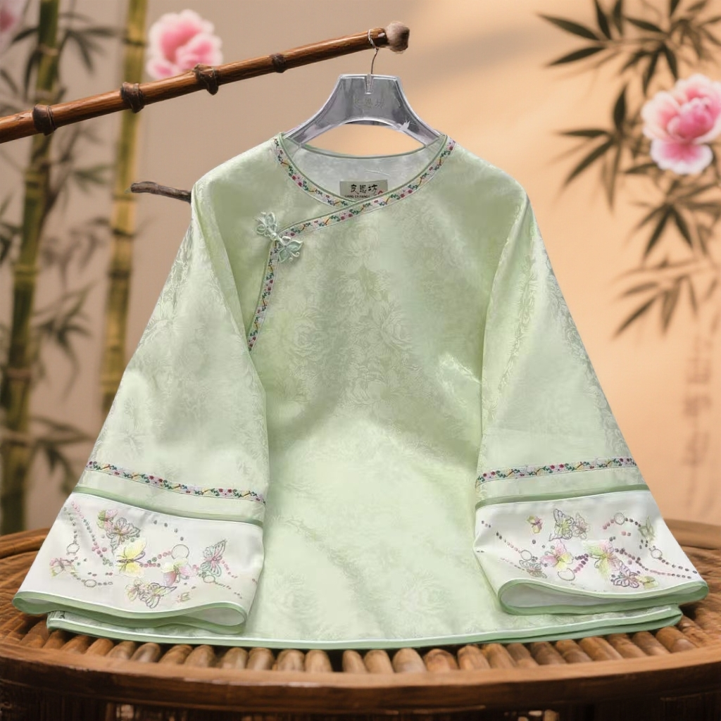 良恩坊桑蚕丝国风刺绣中国风百搭圆领斜襟上衣太太服（直播间选拍）