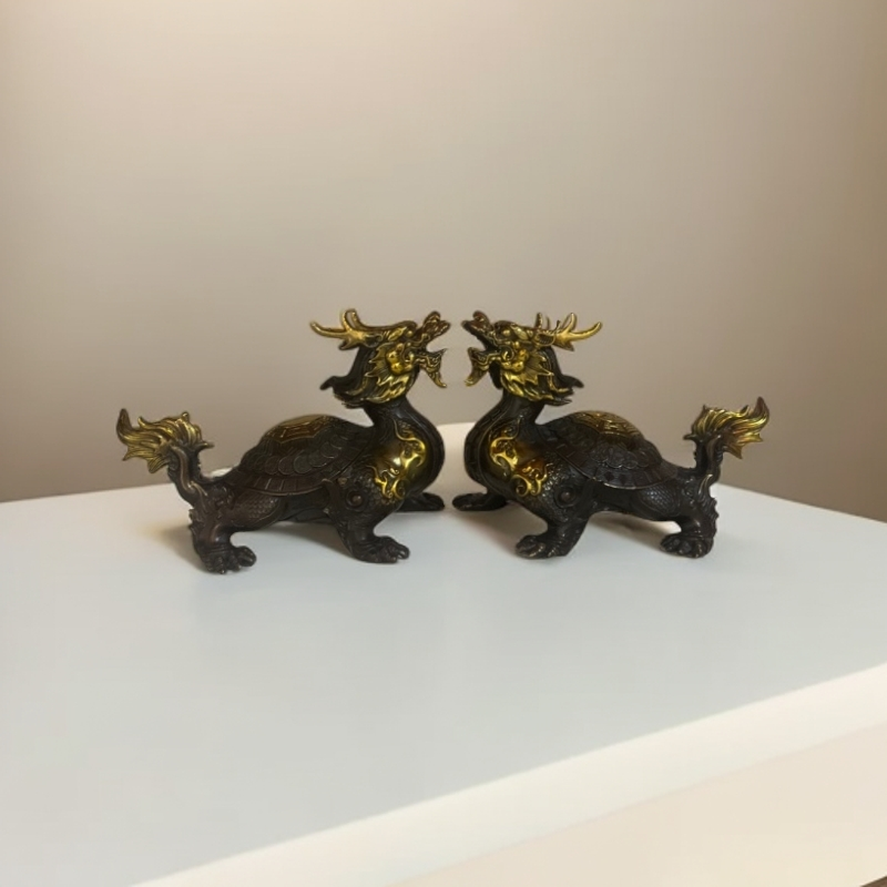 精品纯铜鎏金创意龙龟一对家居客厅办公室桌面装饰高14cm长19cm