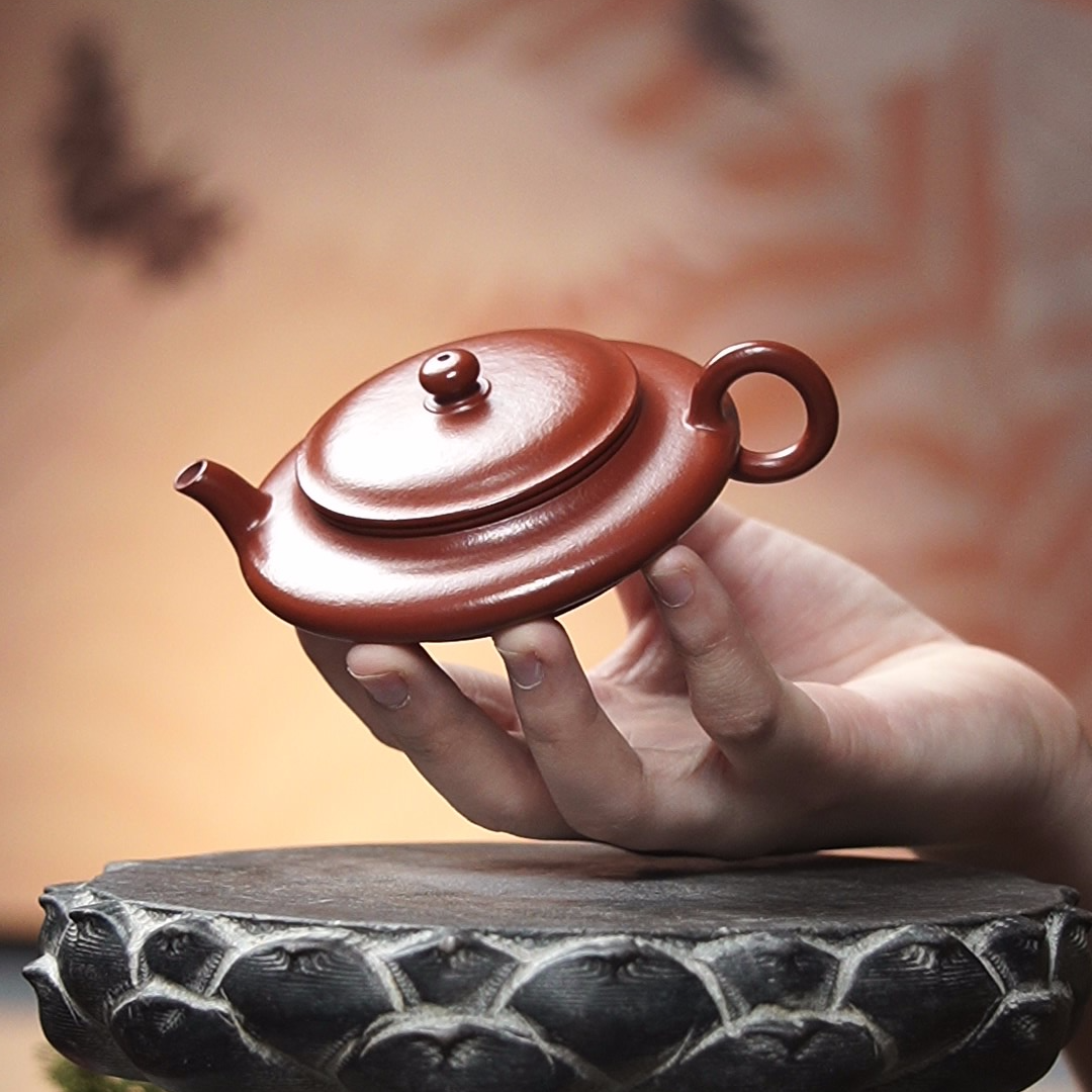 宜兴紫砂壶 小品虚扁 小煤窑朱泥 60c H540