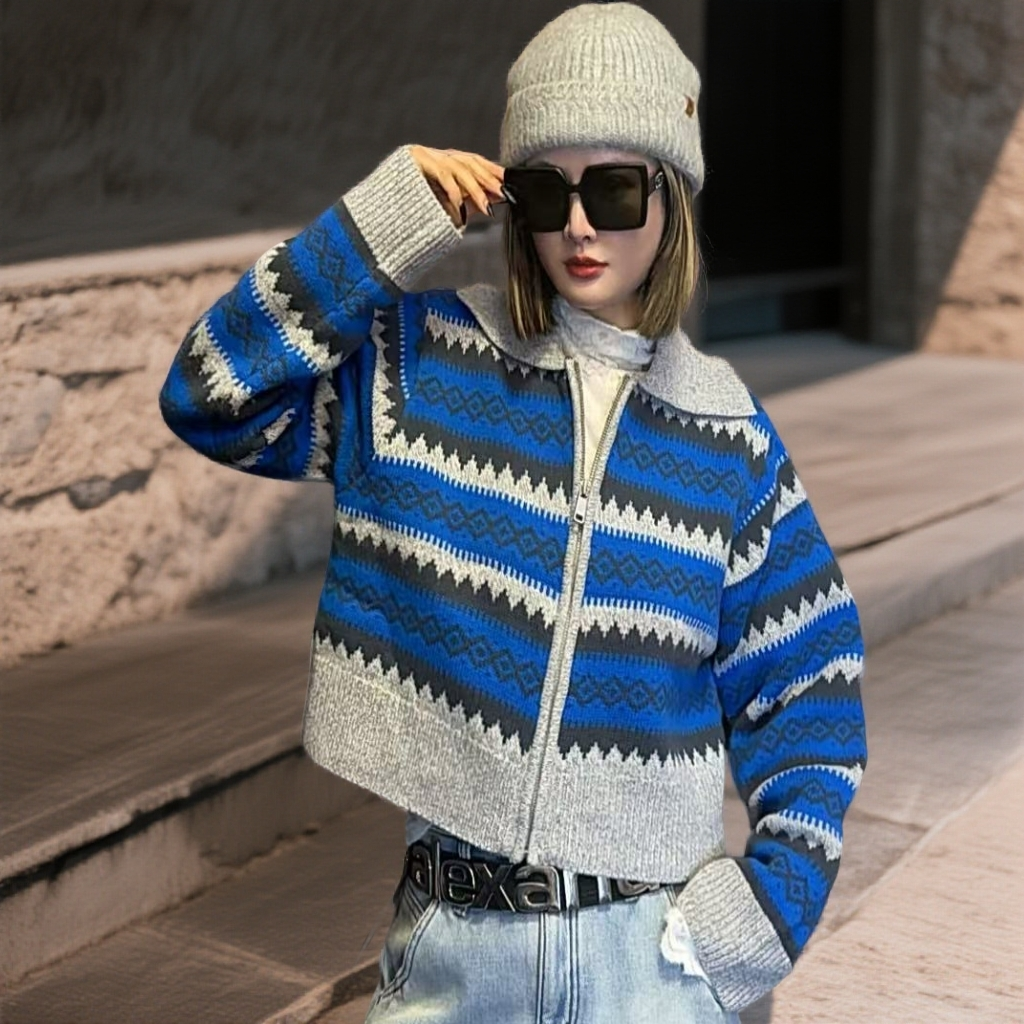 仙姐姐小众高奢手绘羊毛开衫加厚短款秋冬毛衣009