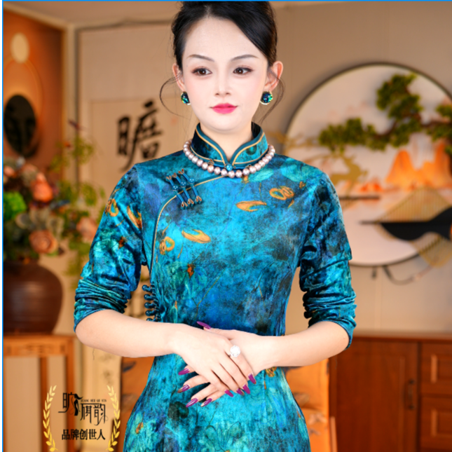 旷美旗韵秋冬九分袖桑丝绒保暖显瘦气质旗袍内搭网红时尚复古中式