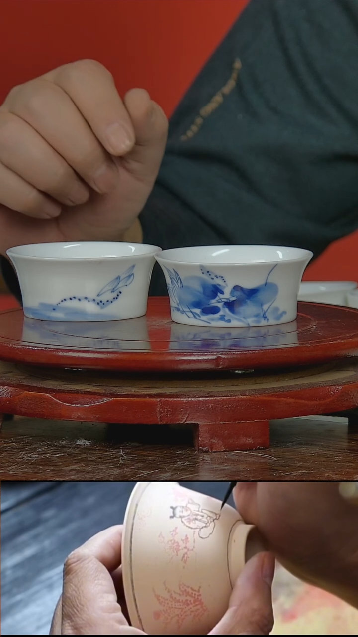 【闪购商品】030民间艺人青花花卉马蹄主人杯两只