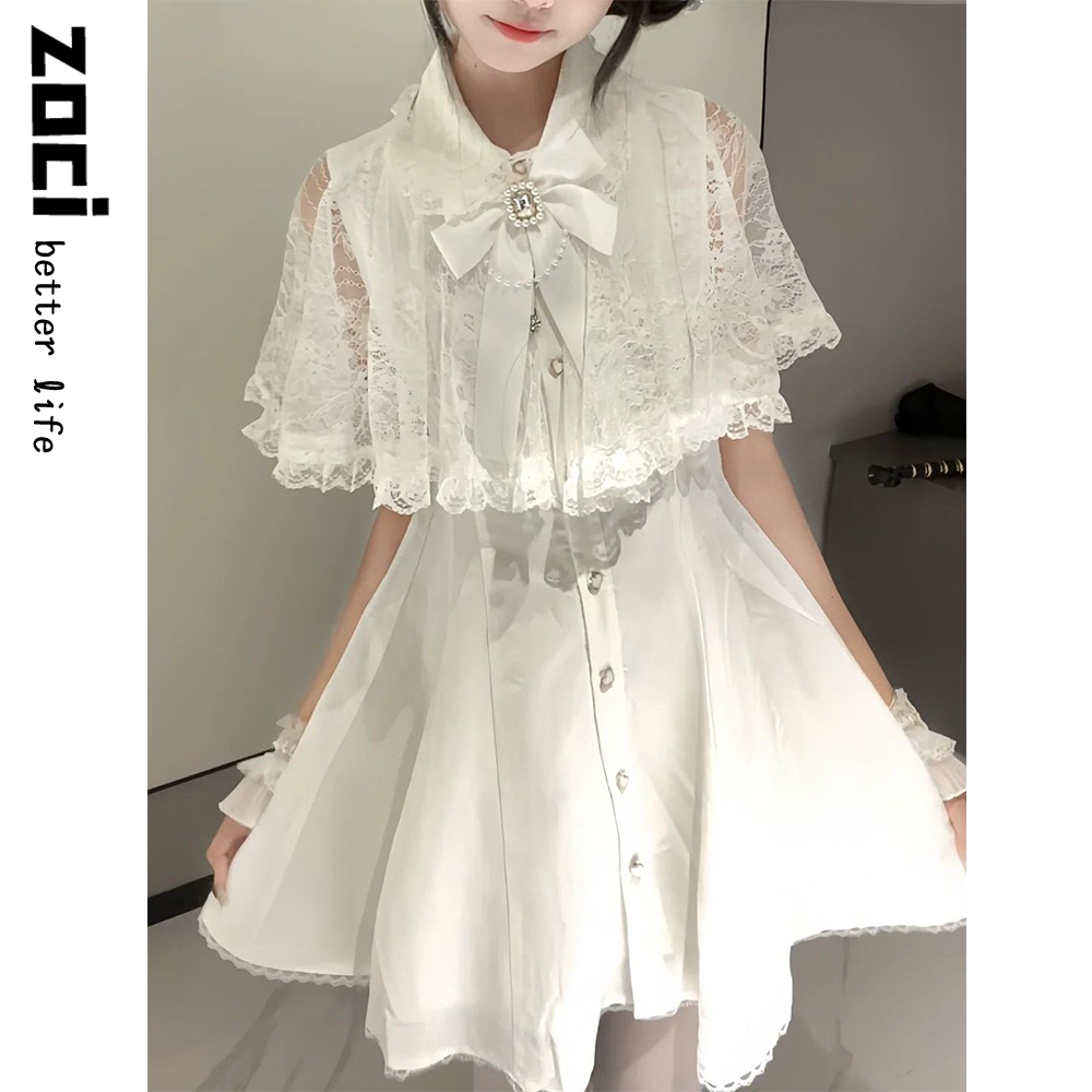 日系千金rojita甜美可爱白色蕾丝披肩斗篷连衣裙蝴蝶结Lolita短裙