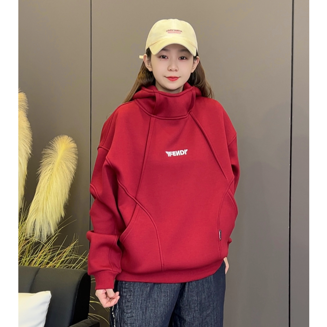 秋冬新款立体剪裁加绒加厚宽松情侣连帽套头长袖运动保暖卫衣外套