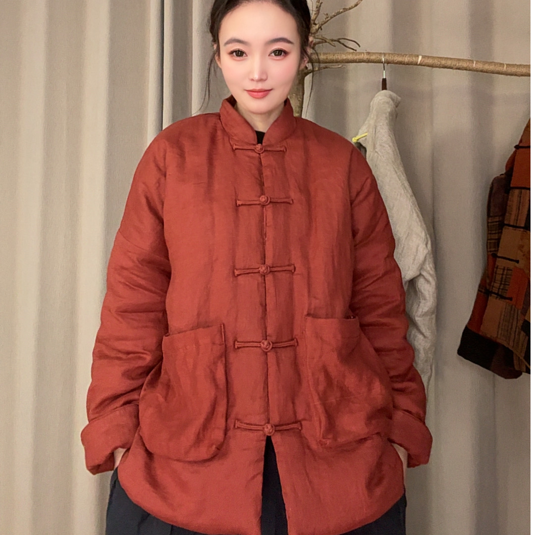 [理理麻语】复古国风加厚棉服麻衣立领对襟手工盘扣亚麻保暖冬季