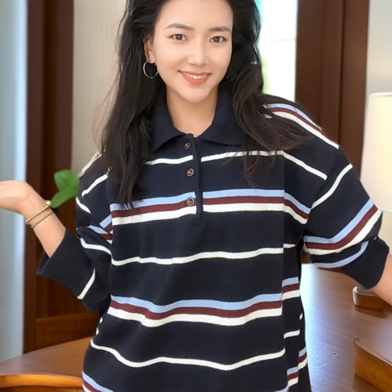 针织条纹女长袖简约拼色毛针织衫女装大码秋季宽松翻领毛衣wq