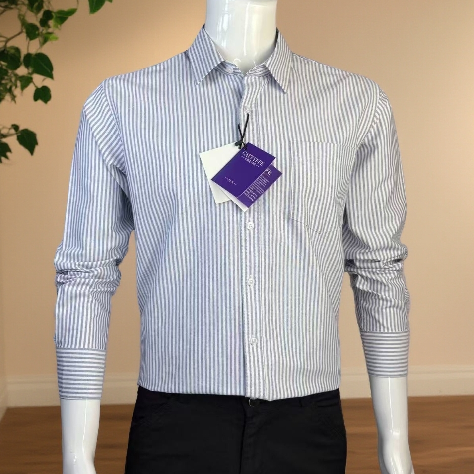 秋季男款透气商务休闲衬衫男士长袖纯棉牛津纺蓝色竖条纹秋冬衬衣