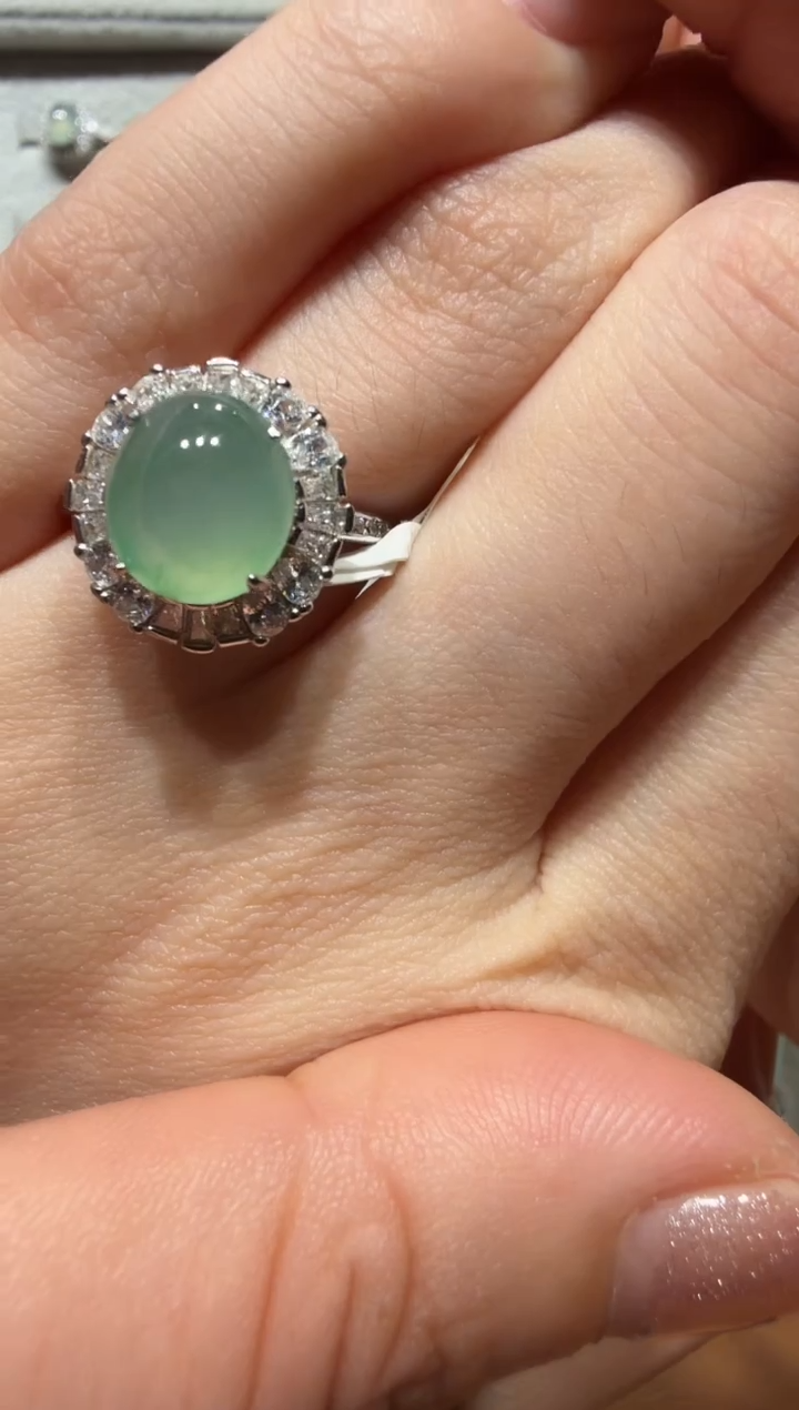 银S925镶嵌戒指翡翠925银镶缅甸A货翡翠戒指