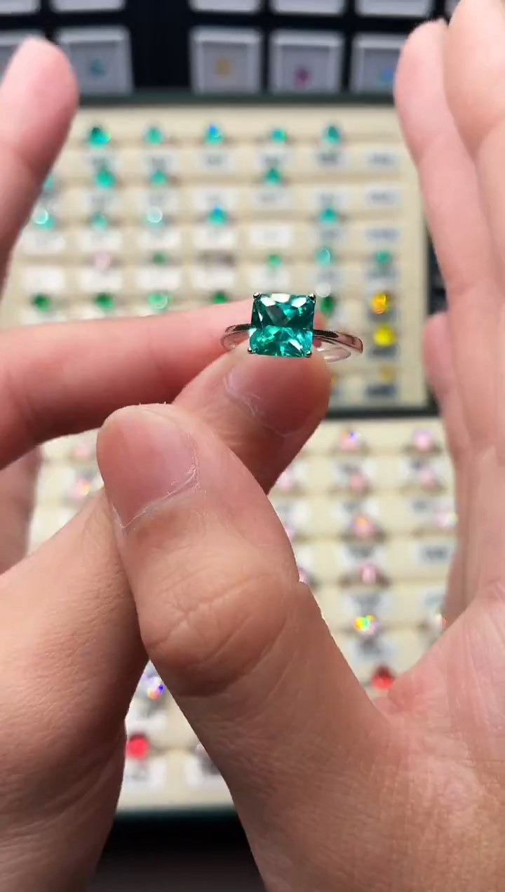 无925银轻奢公主方蓝绿色女神戒