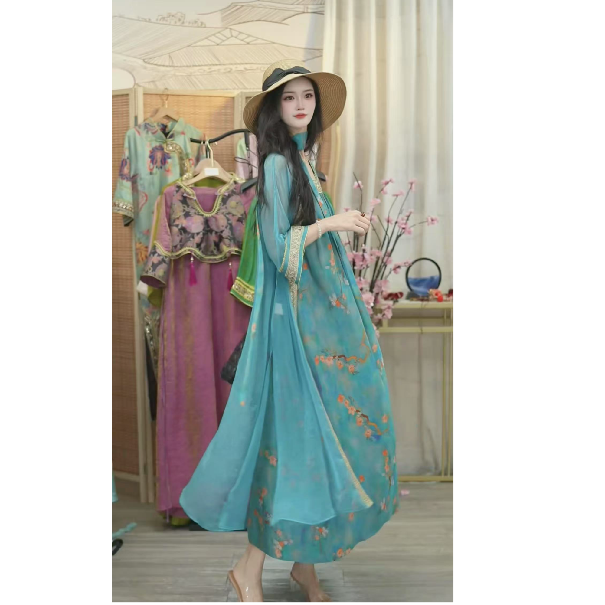 花无雪2025春季新款中国风飘逸日常长款连衣裙2905+2895