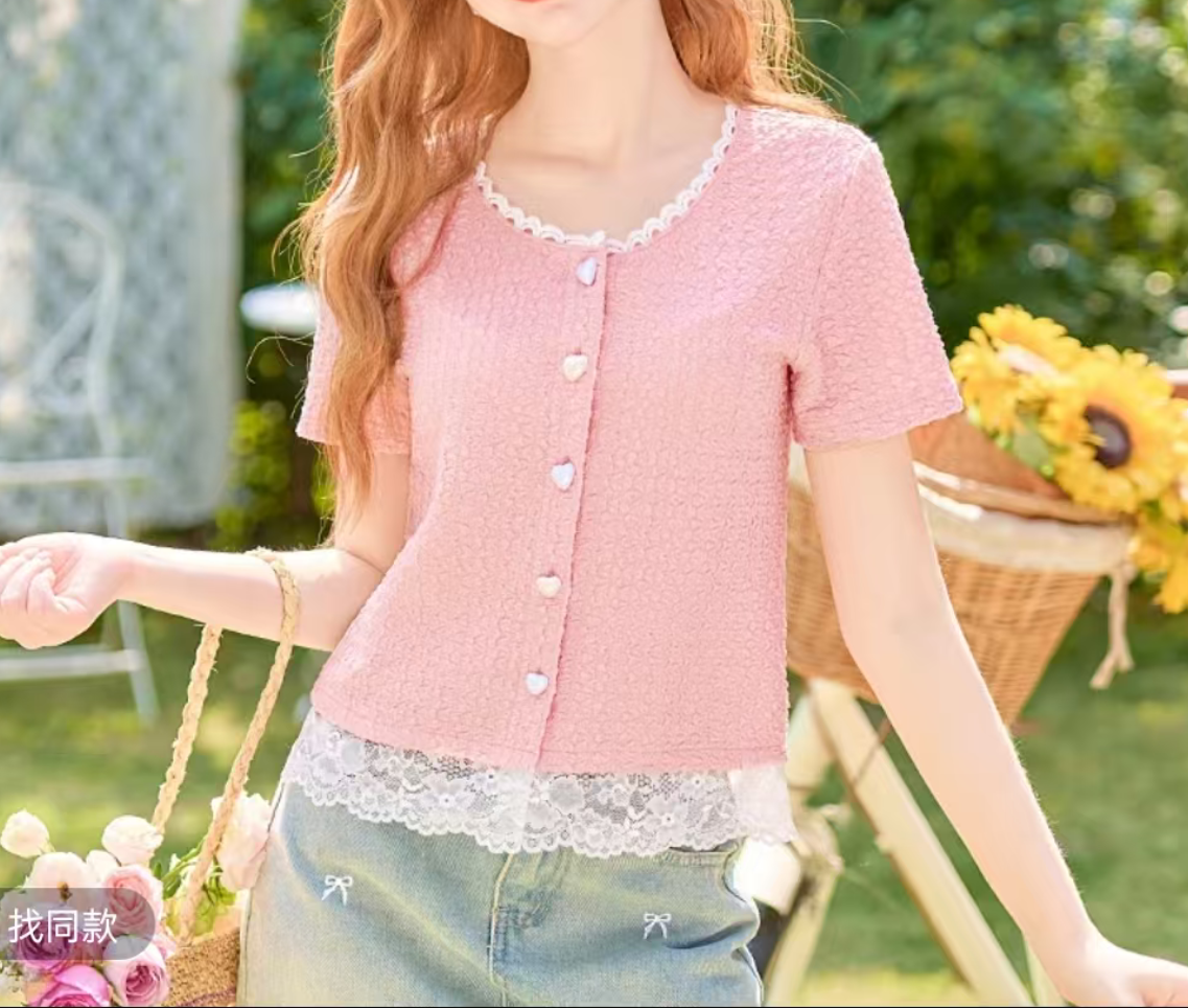 夏季新款女士法式粉色休闲百搭蕾丝短袖T恤衫上衣76993【9】