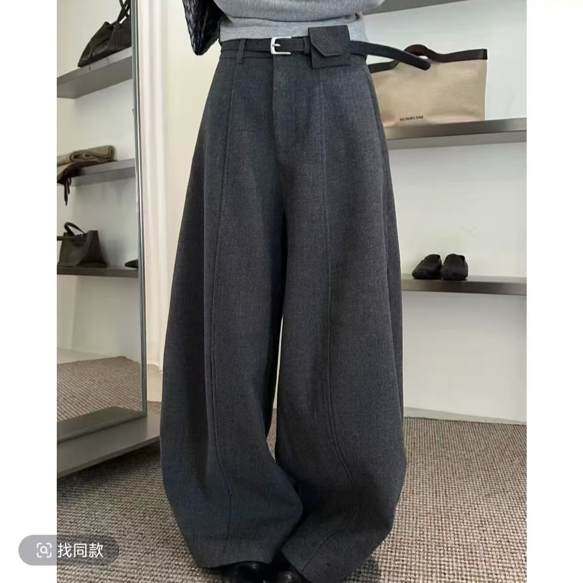 (带腰带)加绒毛呢西装裤女2025冬高腰显瘦阔腿直筒裤弯刀裤