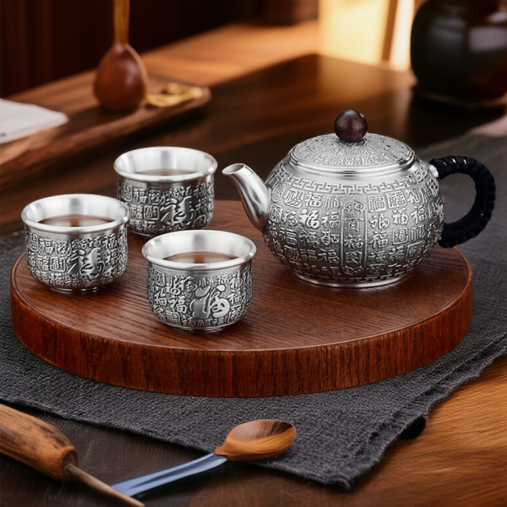  福恒金 999足银茶壶足银茶具套装百福纯手工茶具中式高档家用