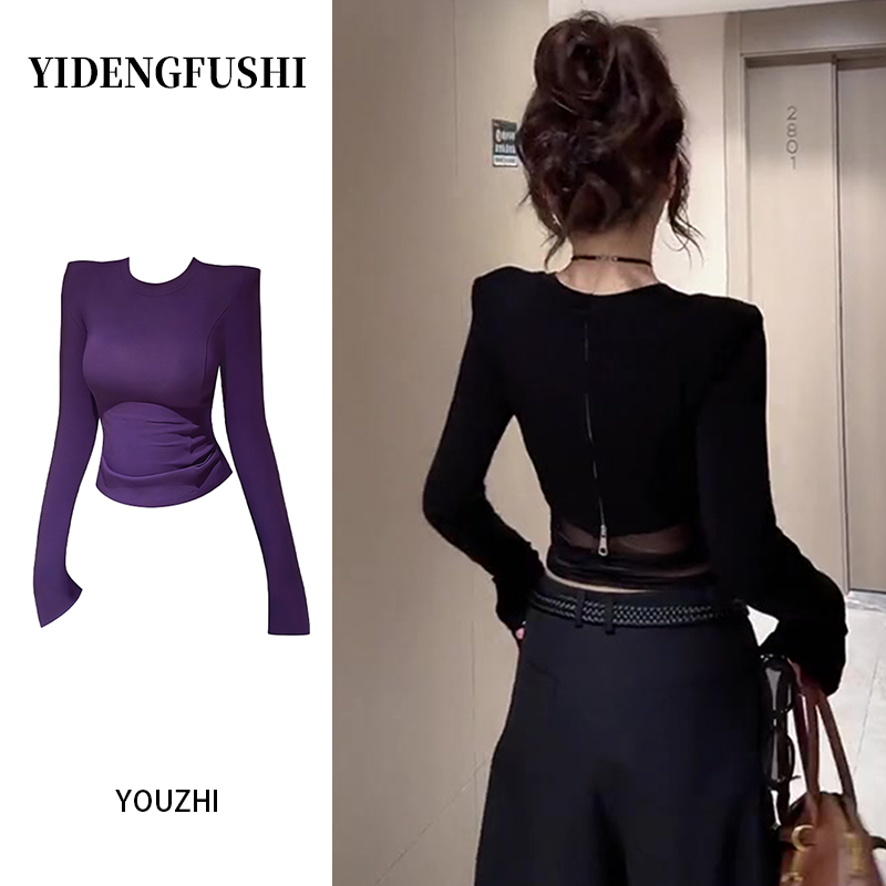 设计感后背拉链长袖正肩T恤女早秋新款辣妹性感气质百搭显瘦上衣