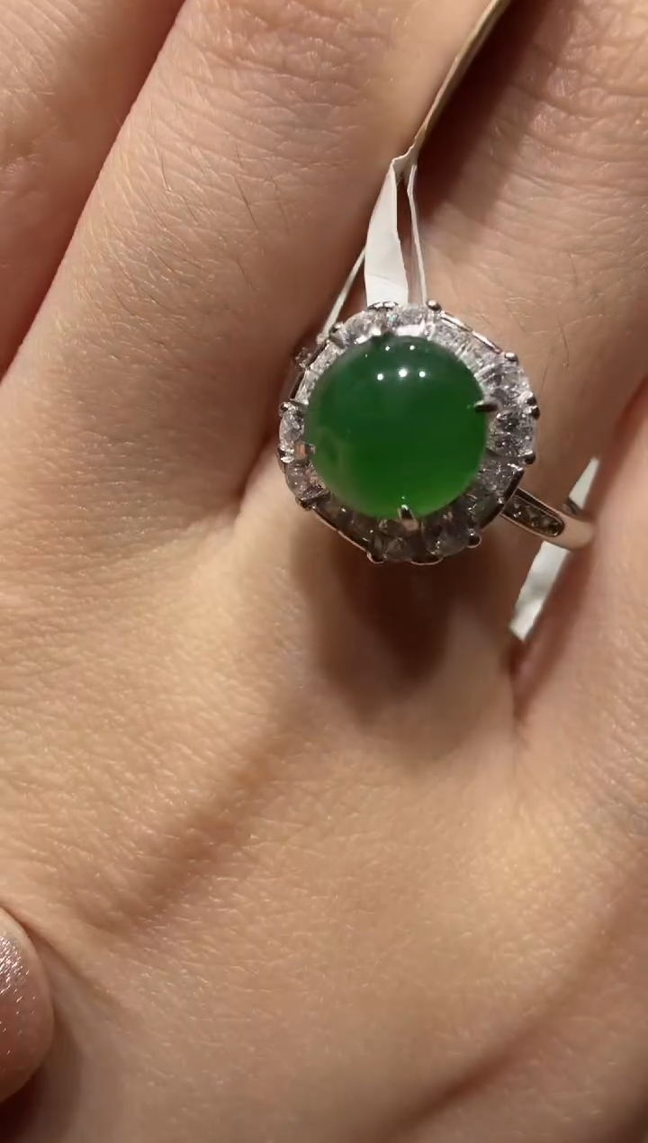 银S925镶嵌戒指翡翠925银镶缅甸A货翡翠戒指