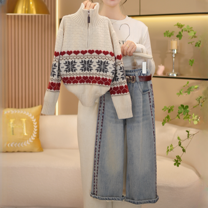 【车厘少女】女童冬季新款韩系拉链针织毛衣+加绒牛仔裤套装-7501