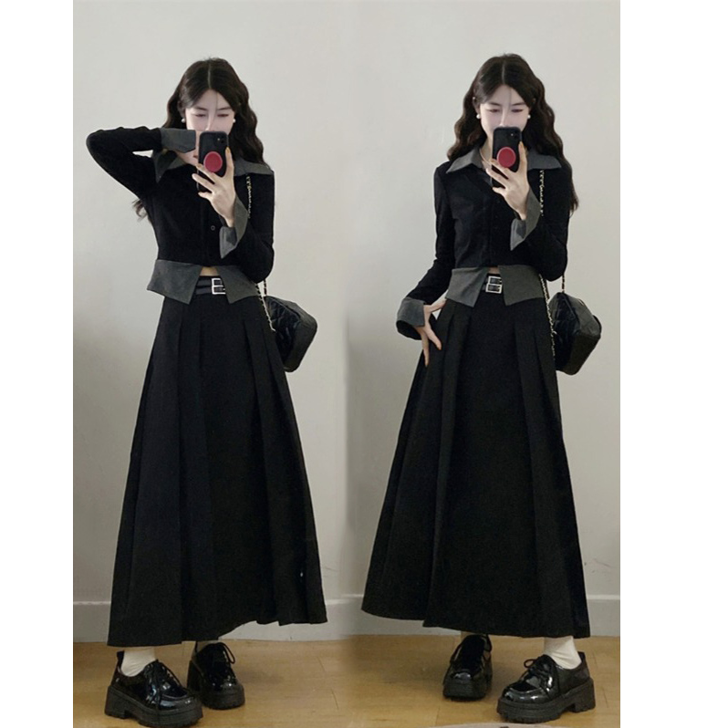 韩系慵懒风穿搭假两件polo领长袖收腰衬衫秋季新款设计感半裙套装