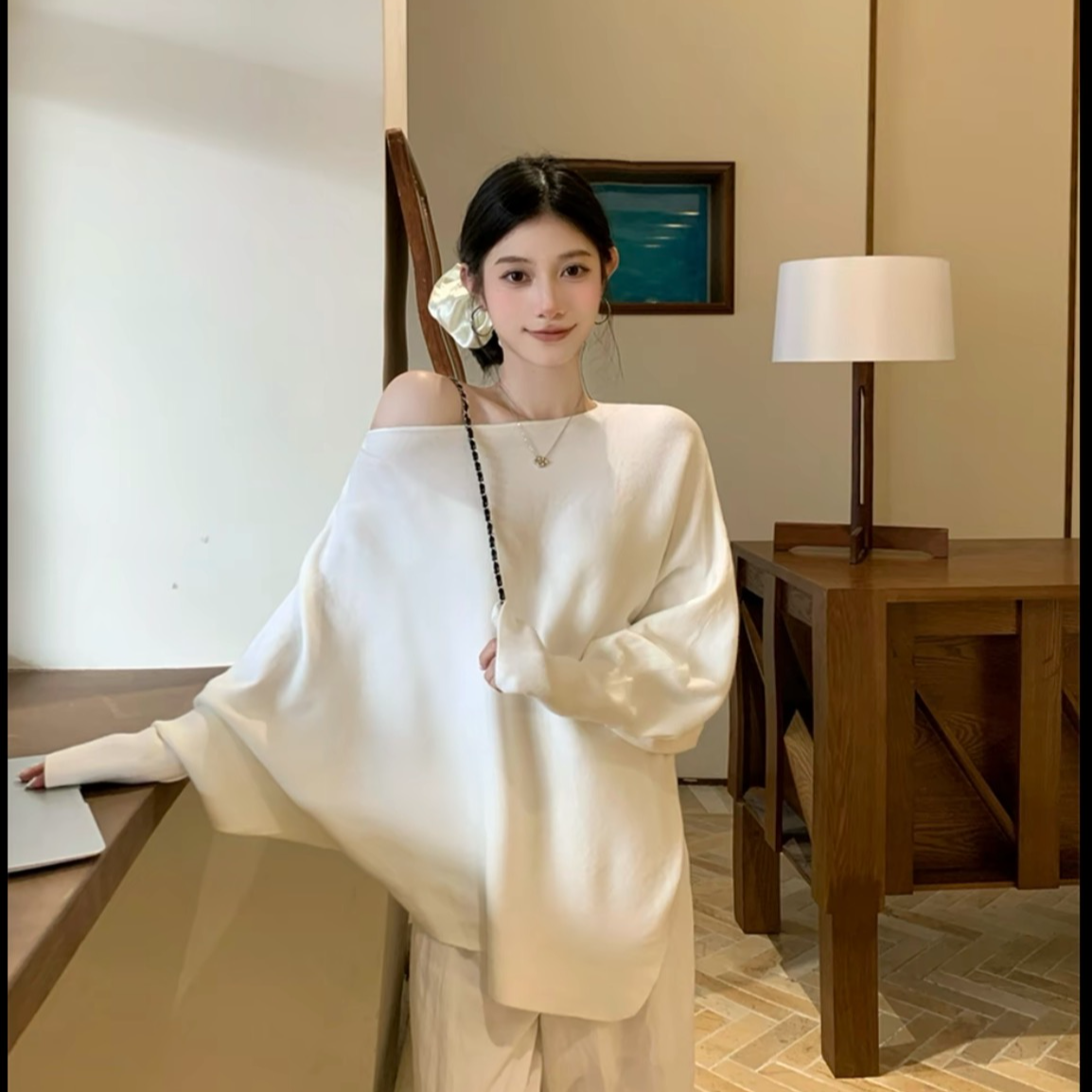 {现货24H+运补3-5}法式甜妹蝙蝠袖长袖T恤秋冬慵懒松弛感百搭上衣