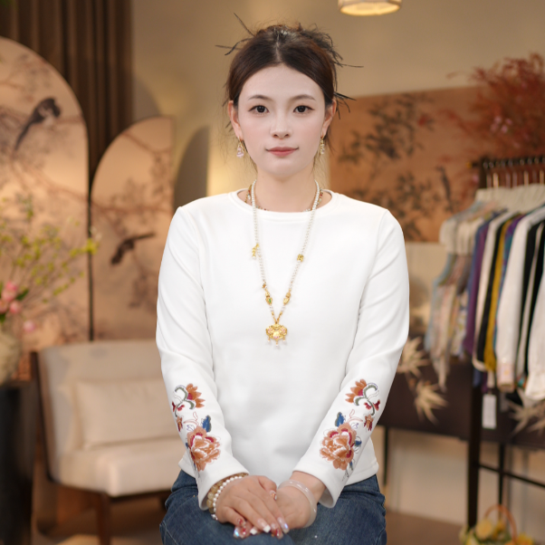 【沁春梢-上衣】新款绣花圆领加绒上衣8071