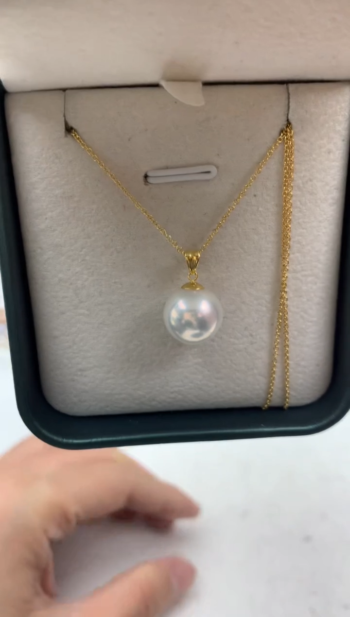 18K金镶嵌ff淡水珍珠白珠吊坠(赠链）d029（11~12mm）