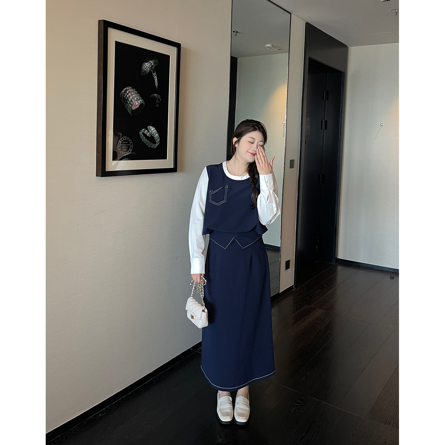 裂渡宣宣【深蓝魅力】微胖大码女秋知性风上衣+半裙套装ZY508A84