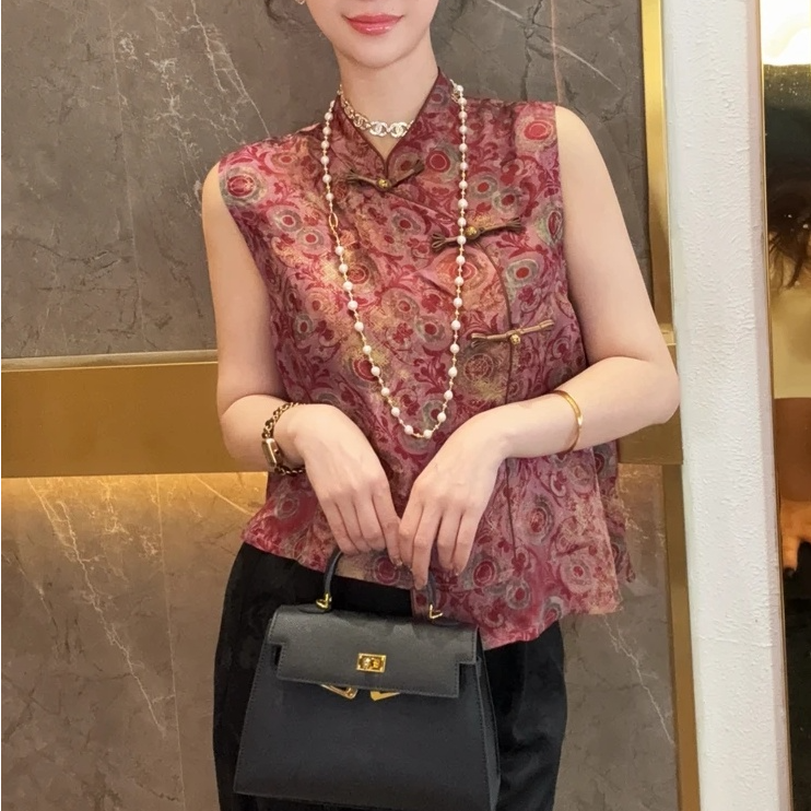 国风轻奢夏季复古无袖马甲2025新中式斜开襟气质百搭上衣国风女装