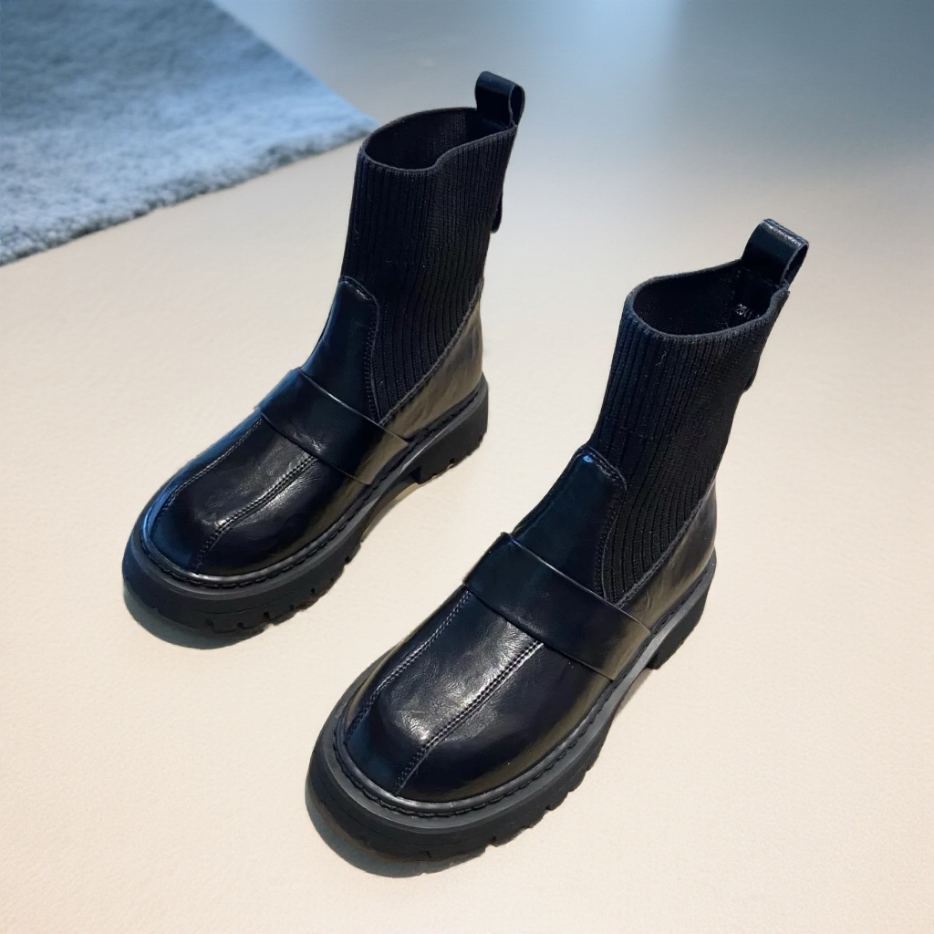 袜靴黑色短靴松糕底冬季秋冬英伦风粗跟百搭瘦瘦靴9003