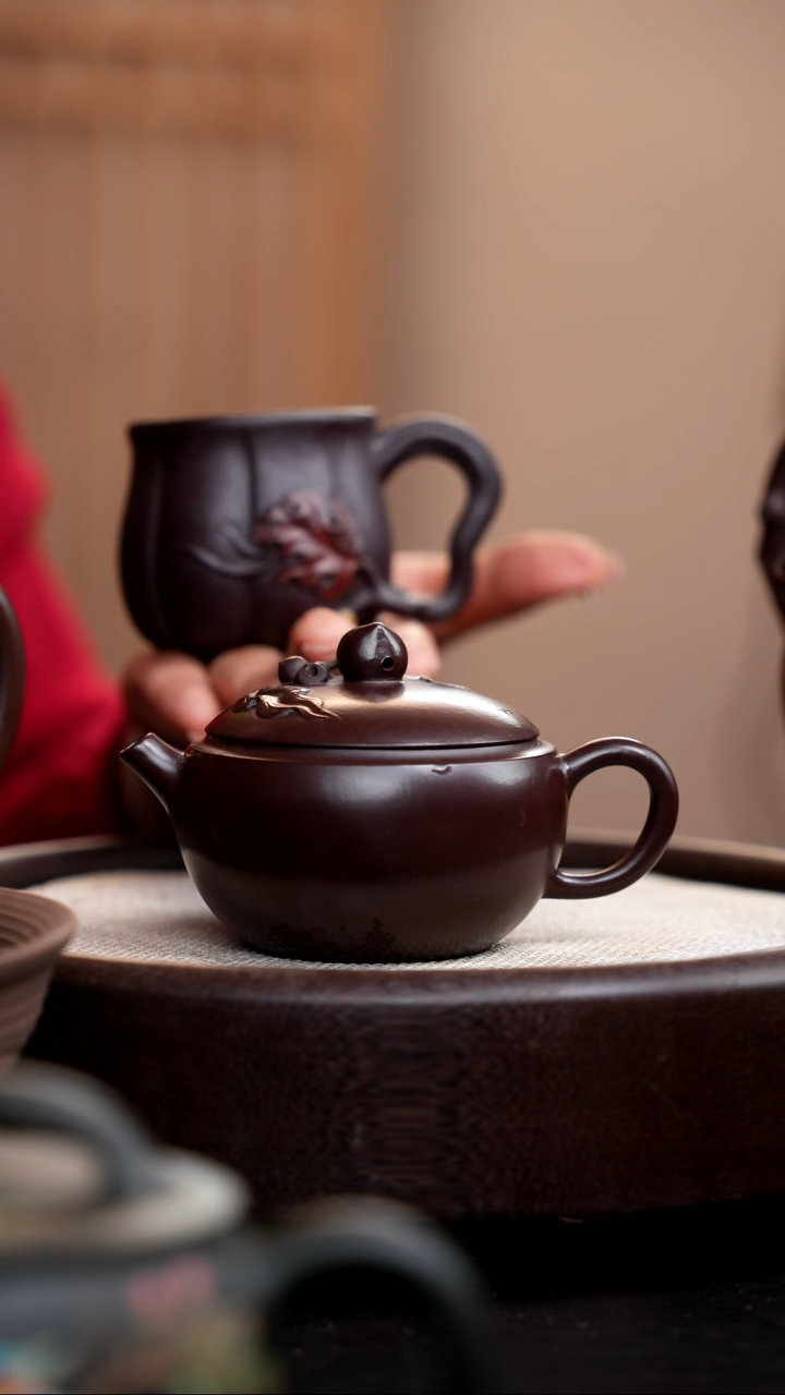 【闪购商品】紫砂茶壶紫泥碗桃壶+手把杯014