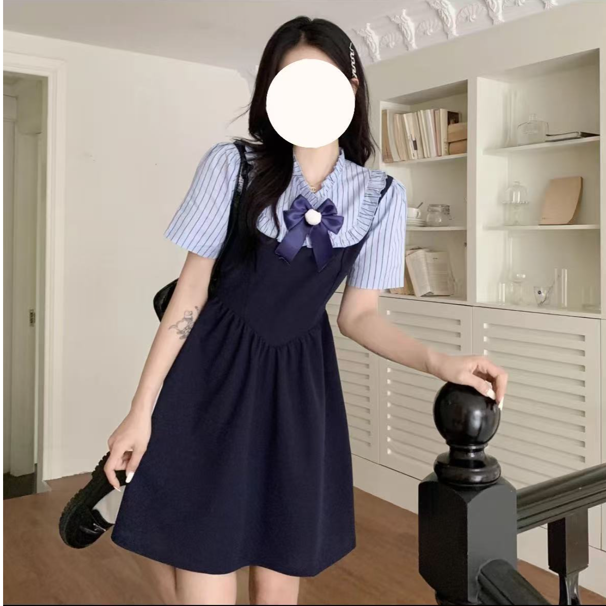大码夏季假两件裙子微胖mm显瘦时尚气质遮肚子减龄学院风连衣裙