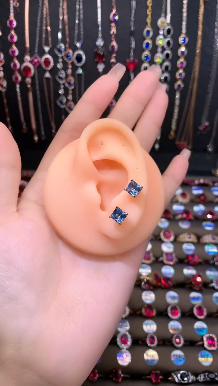 蓝宝石耳饰银S925镶嵌玫瑰金