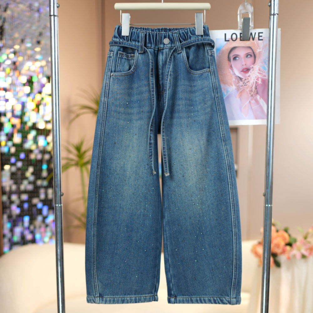 女童加绒烫钻弯刀裤2025冬季新款中大童时尚百搭儿童洋气牛仔裤潮