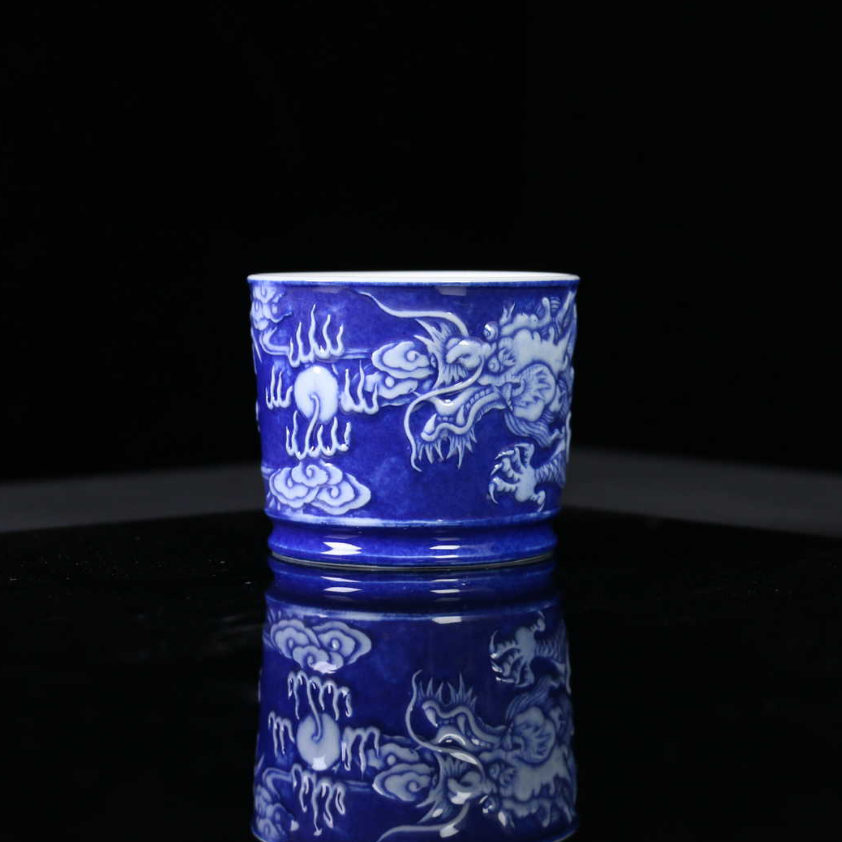 【非遗好物】逸古堂-撒蓝雕刻龙纹容天杯-150ml（逸古0012）