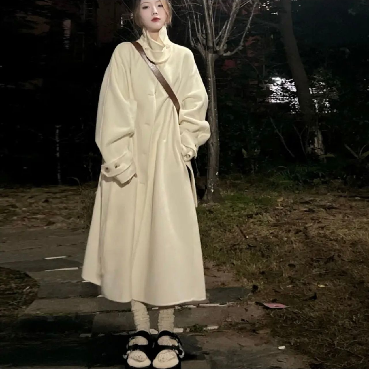 过膝中长款女宽松型韩版复古毛呢毛呢夹棉外套秋冬