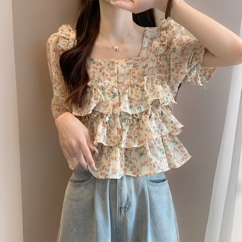 【现货+运费险】方领雪纺短款女小众衬衫显瘦荷叶大码碎花短袖LQ656