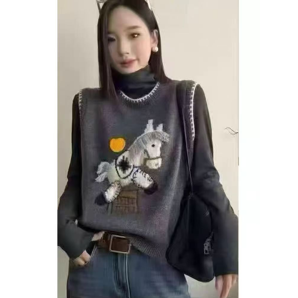 YYZZ 25544 刺绣小马羊毛针织衫马甲背心高领加绒T恤打底衫两件套
