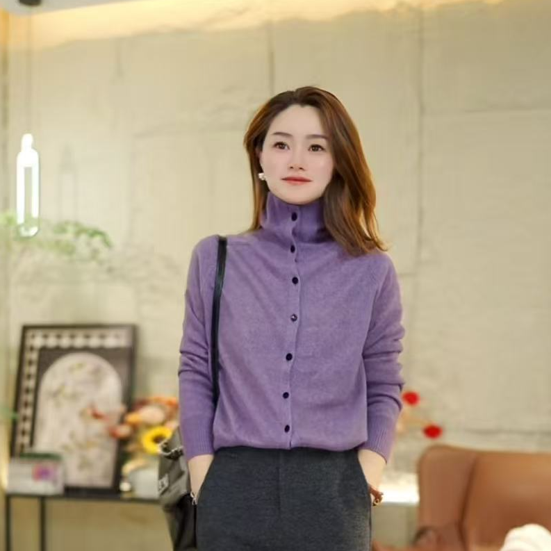 思妍  时尚慵懒高级感单排扣毛针织衫  翻立领宽松开衫毛衣 5627