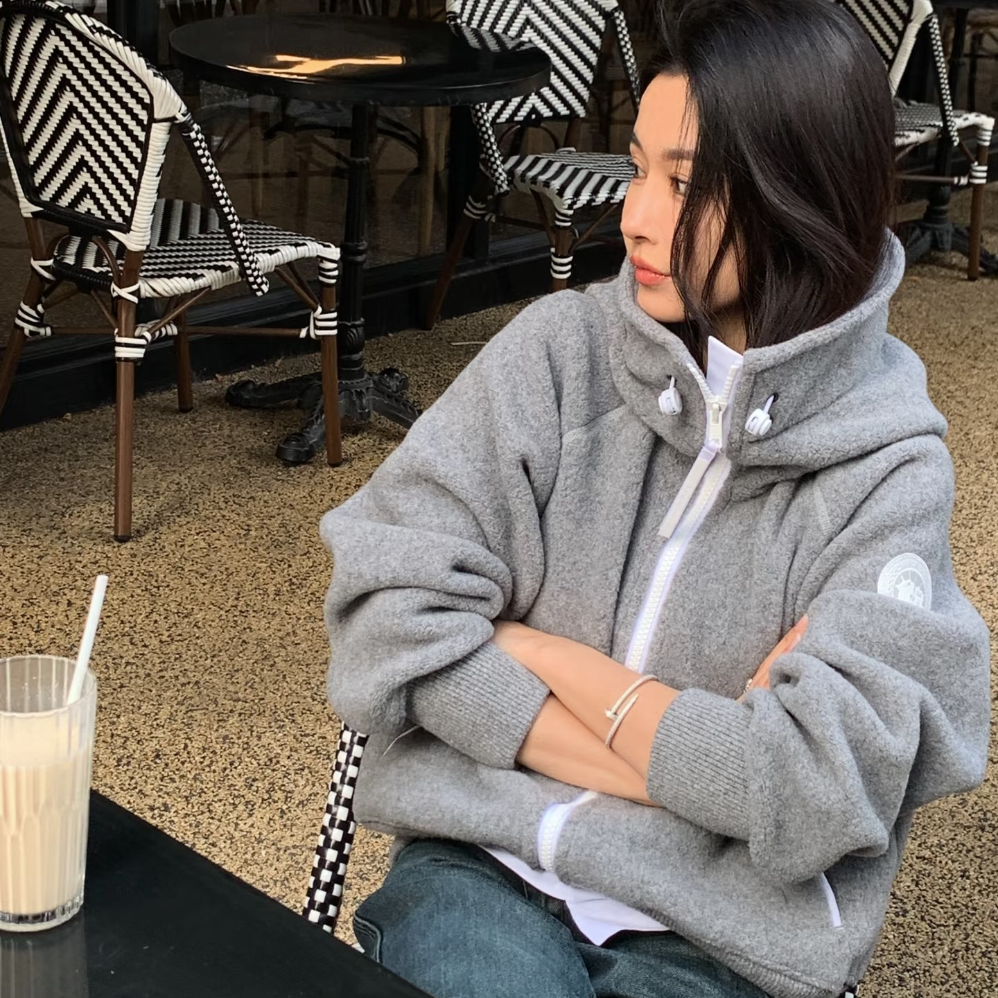 未使用 CANADA GOOSE 加拿大鹅Logo贴标拉链抓绒抽绳连帽夹克外套