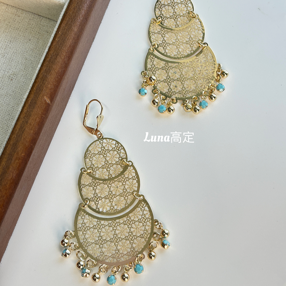 铜合金合成锆石耳饰 Luna定制0424民族风宫廷款绿金色质感耳环