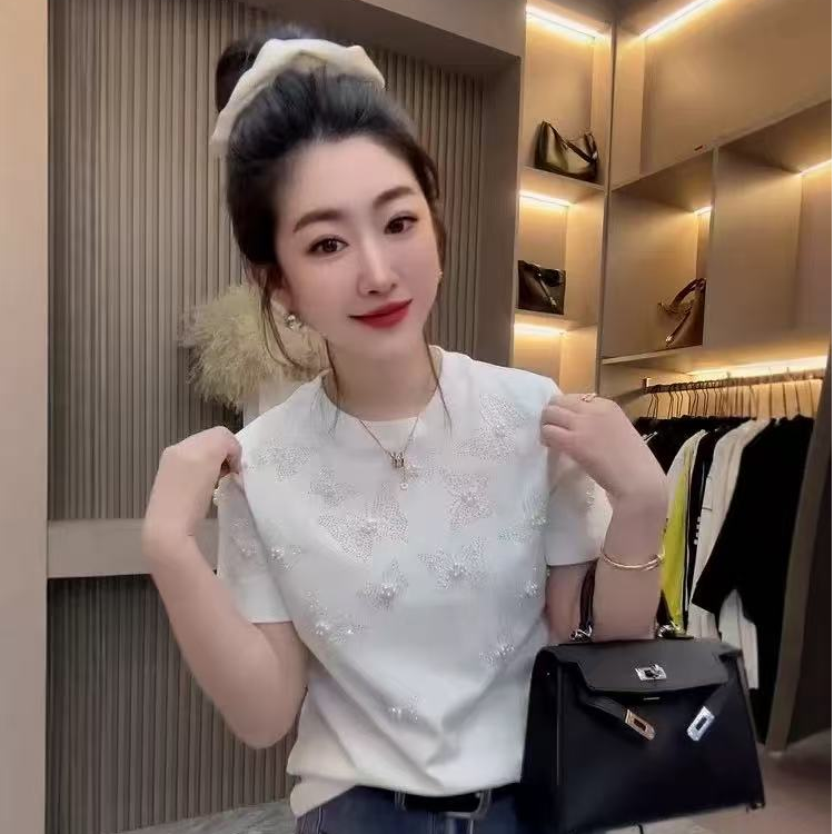 欧货短袖t恤女2025新款夏美式蝴蝶重工烫钻体恤宽松圆领上衣10300