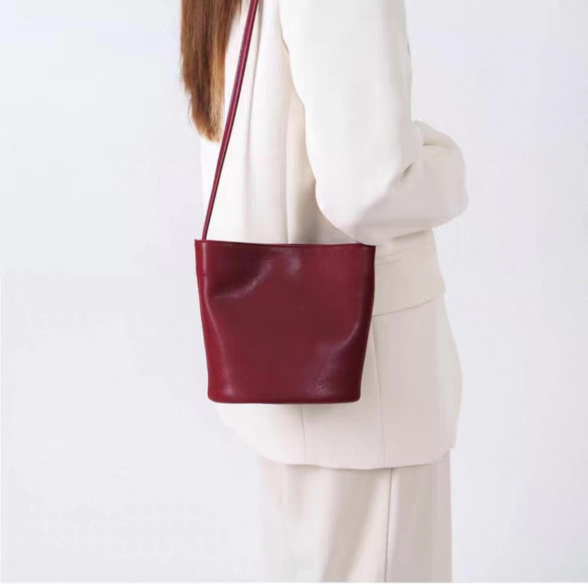 复古韩式水桶包 小众洋气时尚高级红色休闲通勤百搭手提斜挎包