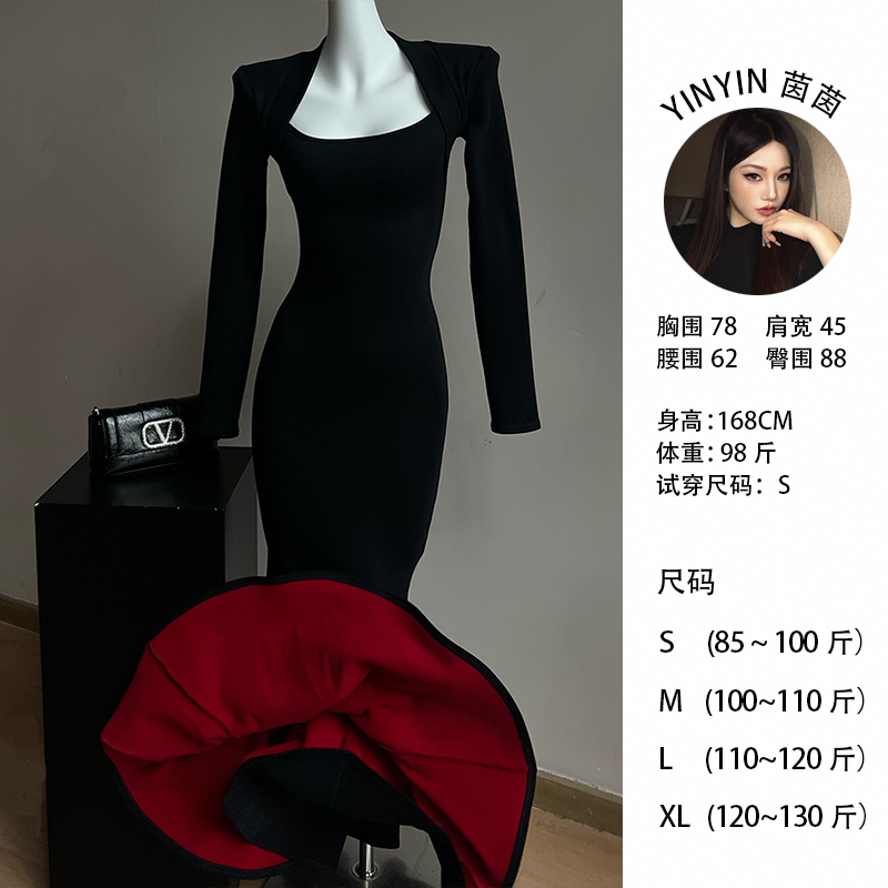 【红底步步生莲】秋冬方领步步生莲鱼尾新款气质性感长裙25163