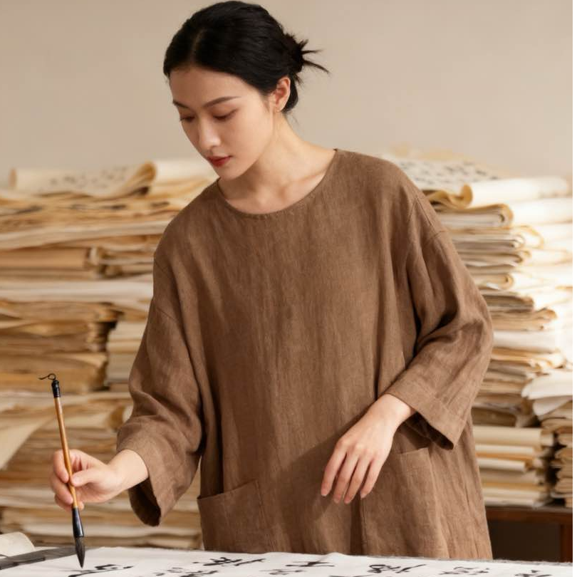 棕意V领中式气质上衣休闲裤子套装羊毛麻棉色织秋冬长袖咖色