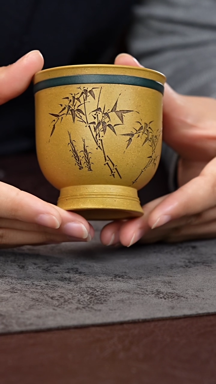 茶杯紫泥莲台杯刻绘竹