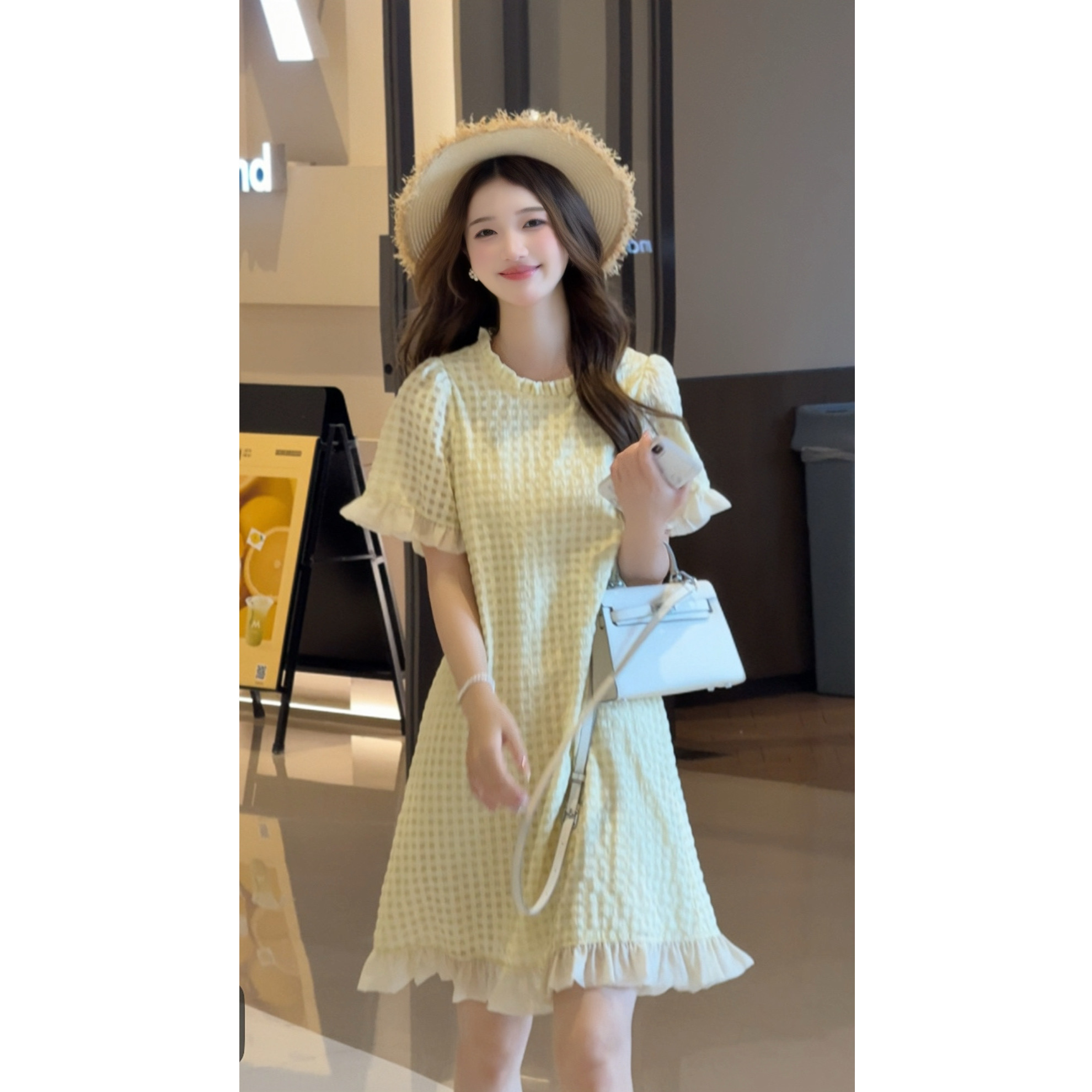 【奶油芝士D】甜美显瘦气质显白连衣裙小众减龄泡泡纱宽松中长裙